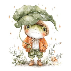 May include: A watercolor illustration of a charming frog wearing an orange polka-dot jacket, green shorts, and brown boots. The frog is holding a large green leaf overhead as an umbrella, with raindrops falling around it. The frog is standing in grass.