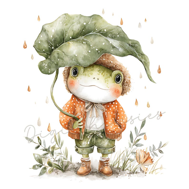 May include: A watercolor illustration of a charming frog wearing an orange polka-dot jacket, green shorts, and brown boots. The frog is holding a large green leaf overhead as an umbrella, with raindrops falling around it. The frog is standing in grass.