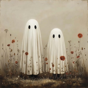 May include: An artistic illustration features two white ghost figures with black oval eyes, standing in a field of wildflowers with red poppies. The background is a soft, neutral tone, creating a whimsical and slightly eerie atmosphere.