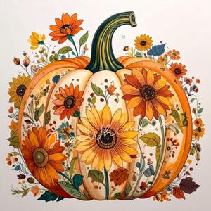 Floral Pumpkin Clipart: Autumn Watercolor Designs (High-Res JPGs)