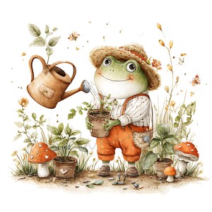 May include: Watercolor illustration of a friendly frog wearing a straw hat and orange overalls, watering a potted plant with a brown watering can. The scene includes plants, mushrooms, and butterflies, creating a whimsical garden theme.