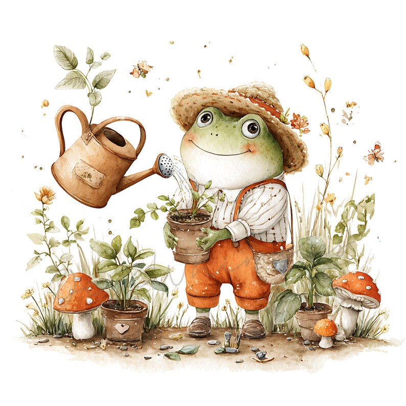 May include: Watercolor illustration of a friendly frog wearing a straw hat and orange overalls, watering a potted plant with a brown watering can. The scene includes plants, mushrooms, and butterflies, creating a whimsical garden theme.