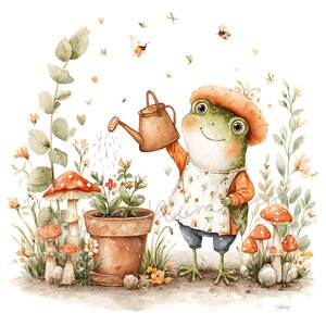 May include: Watercolor illustration of a friendly frog gardening. The frog wears an orange beret, shirt, and apron, watering a potted plant with a brown watering can. Mushrooms and flowers surround the frog, with butterflies and leaves in the background.