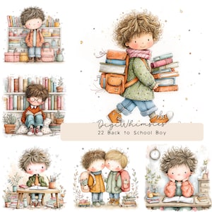 Könnte beinhalten: Aquarellillustrationen eines Schuljungen mit Büchern, Rucksäcken und Bücherregalen. Die Bilder zeigen einen Jungen mit lockigem Haar, der eine Jacke, einen Schal und Jeans trägt. Der Text "22 Back to School Boy" ist sichtbar.