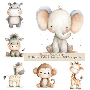 Puede incluir: Ilustraciones en acuarela de seis animales de safari bebés: un hipopótamo, un elefante, un jabalí, una cebra, un mono y una jirafa. Los animales están representados en un estilo de dibujos animados con colores suaves. El texto dice "12 Baby Safari Animals JPEG cliparts".