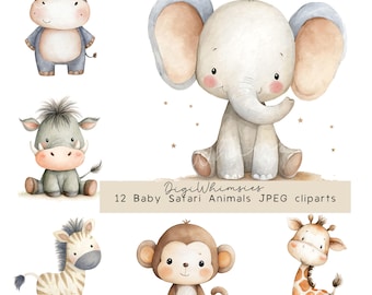 12 Baby Safari Animals Clipart Stand alone minimalist Nursery Baby Wild Animals Watercolor JPGs