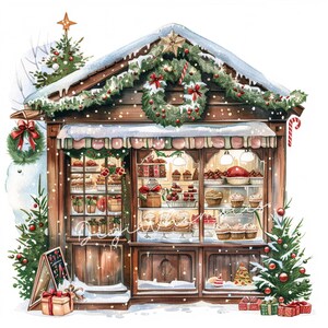 May include: Watercolor illustration of a festive Christmas bakery shop. The shop is decorated with wreaths, garlands, and lights, and is filled with baked goods. Snow falls around the shop, and Christmas trees and gifts are present.