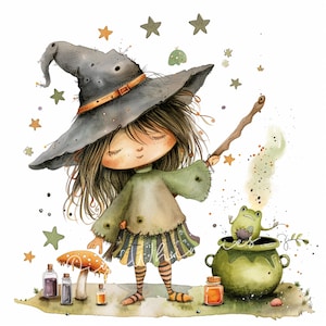 Puede incluir: Ilustración caprichosa de una joven bruja con largo cabello castaño, vestida con un sombrero puntiagudo gris y un atuendo verde. Sostiene una varita mágica, y una rana sale de un caldero burbujeante. Estrellas y botellas de pociones la rodean.