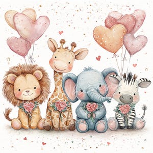 May include: A charming watercolour illustration featuring a lion, giraffe, elephant, and zebra. Each animal holds a bouquet of pink roses and is surrounded by heart-shaped balloons in pink and peach hues. The background is white with small scattered hearts.