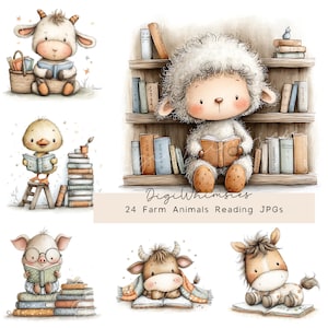 May include: Watercolor illustrations of adorable farm animals reading books. A goat, duckling, pig, cow, and horse are depicted with books. The image includes the text "DigiWhimsies" and "24 Farm Animals Reading JPGs".