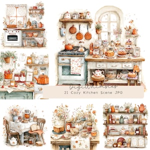 Puede incluir: Ilustración en acuarela de escenas de cocina acogedoras con estufas, estanterías y mesas vintage llenas de teteras, tarros y productos horneados. La imagen tiene una estética cálida y acogedora, con colores suaves y detalles florales. Texto: "21 Cozy Kitchen Scene JPG."