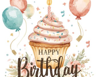 12 Happy Birthday Clipart – Cupcakes, Balloons & Party Watercolor JPGs