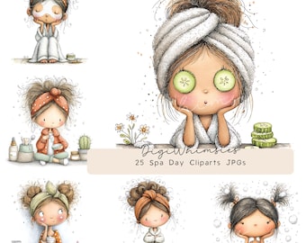 Imágenes prediseñadas de Spa Day, autocuidado, rutina de cuidado de la piel, descanso, día relajante, baño de burbujas, diario creativo (25 imágenes JPG de alta resolución)