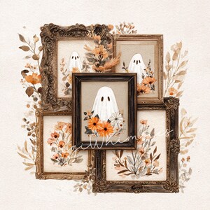 May include: A watercolor illustration featuring framed ghost art with floral arrangements. The artwork showcases several vintage-style frames, each containing a white ghost figure and colorful flowers in shades of orange, white, and brown. The overall theme is a whimsical, autumnal aesthetic.