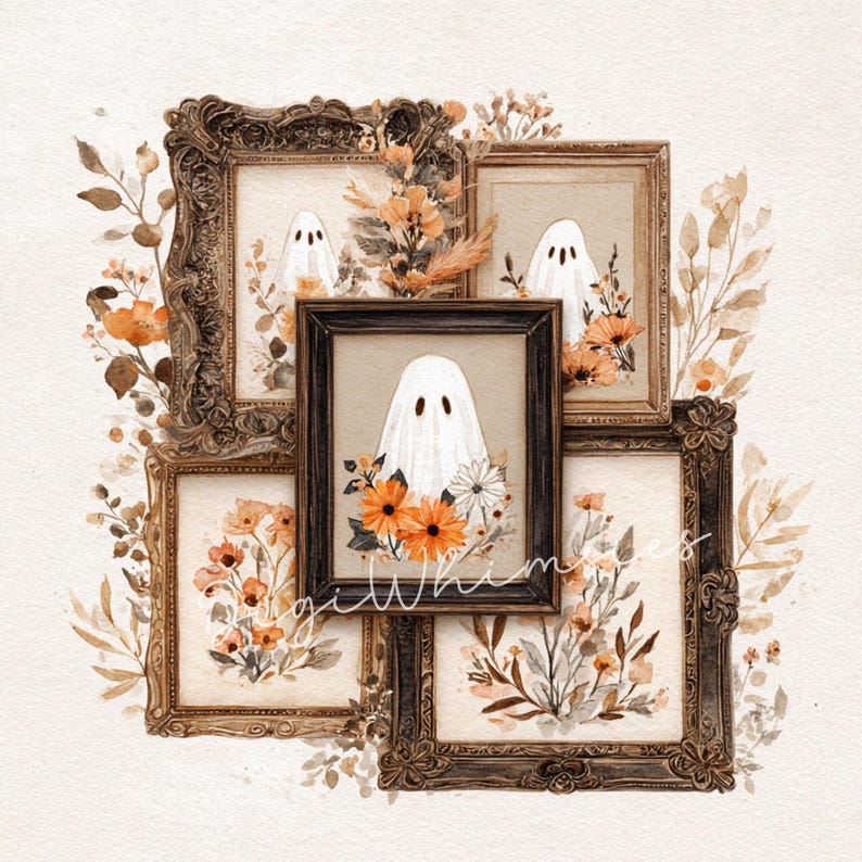 May include: A watercolor illustration featuring framed ghost art with floral arrangements. The artwork showcases several vintage-style frames, each containing a white ghost figure and colorful flowers in shades of orange, white, and brown. The overall theme is a whimsical, autumnal aesthetic.