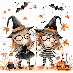 12 Best friends Clipart High Res JPGs Quirky Witch Halloween Sisters clipart Junk Journaling Scrapbooking Whimsical Funny Card Making JPG