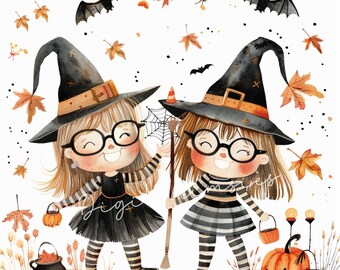 Clipart delle migliori amiche delle streghe di Halloween, arte delle sorelle spettrali (12 JPG)