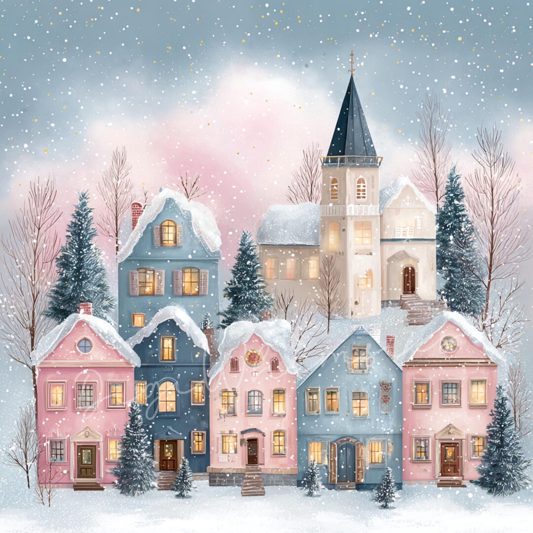 Pastel Winter Village Clipart: Pink Holiday Town (16 Digital Download