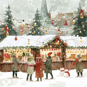 May include: Watercolor painting of a Christmas market scene. People in winter coats browse stalls decorated with lights, ornaments, and gifts. Snow falls on the market and surrounding buildings. Two snowmen stand in the foreground.