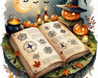 Clipart de libro de hechizos de Halloween: Arte de acuarela de brujas (10 JPG, 30 x 30 cm, 300 DPI) Descarga digital