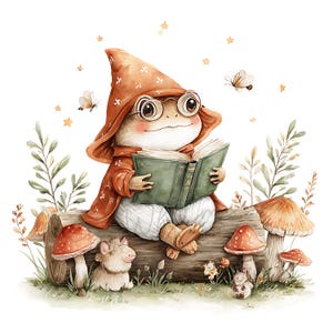 May include: Watercolor illustration of a frog wearing a red hooded cloak and round glasses, reading a green book while sitting on a log. The scene includes mushrooms, butterflies, stars, and a small animal.