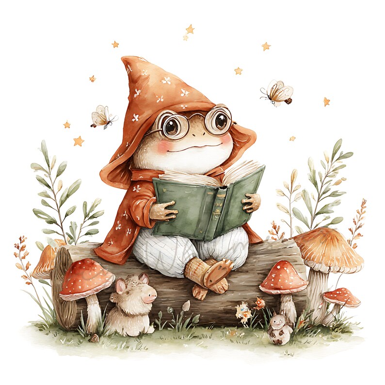 May include: Watercolor illustration of a frog wearing a red hooded cloak and round glasses, reading a green book while sitting on a log. The scene includes mushrooms, butterflies, stars, and a small animal.