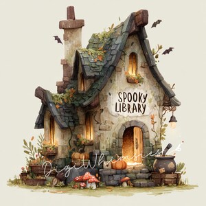 May include: A whimsical illustration of a stone cottage labeled "Spooky Library." The cottage has a green tiled roof, arched doorway, and glowing windows. Pumpkins, mushrooms, and bats decorate the scene, creating a Halloween theme.