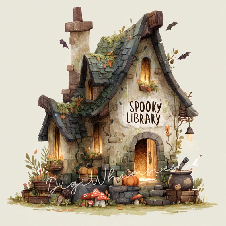 May include: A whimsical illustration of a stone cottage labeled "Spooky Library." The cottage has a green tiled roof, arched doorway, and glowing windows. Pumpkins, mushrooms, and bats decorate the scene, creating a Halloween theme.