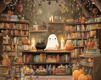 不気味な図書館のクリップアート：ハロウィーン書店アート（デジタルダウンロード、10枚のJPG 12 x 12インチ