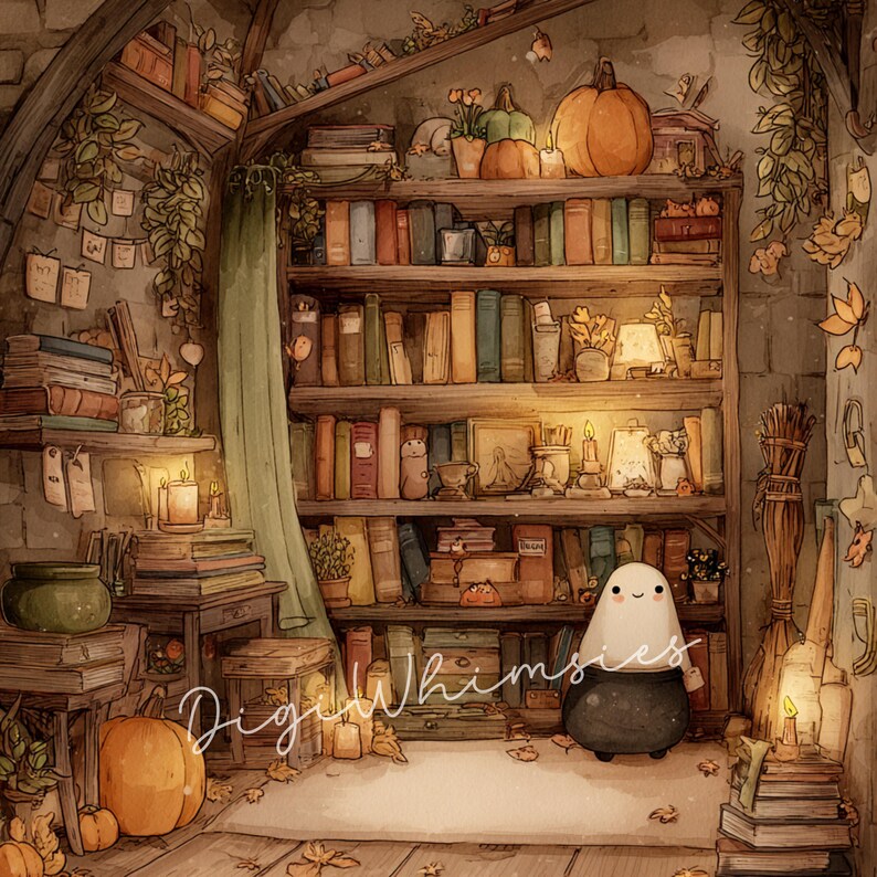 May include: Watercolor illustration of a cozy library scene with a large bookshelf filled with books. Pumpkins, candles, and a friendly ghost add to the autumn ambiance. The text "Digital Whimsies" is visible.