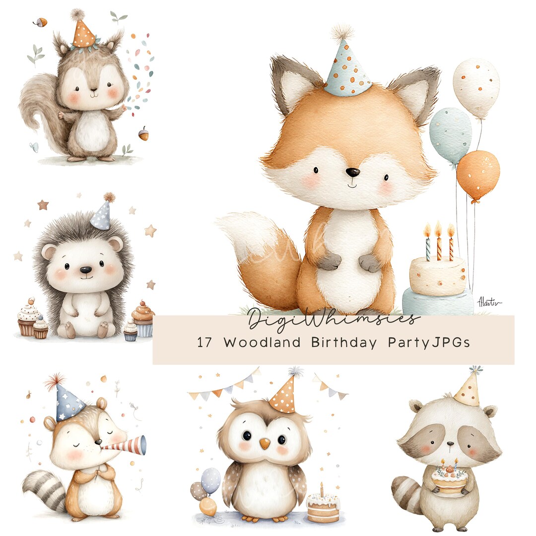 Woodland Animals Birthday Clipart Watercolor Baby Forest Animals Party ...