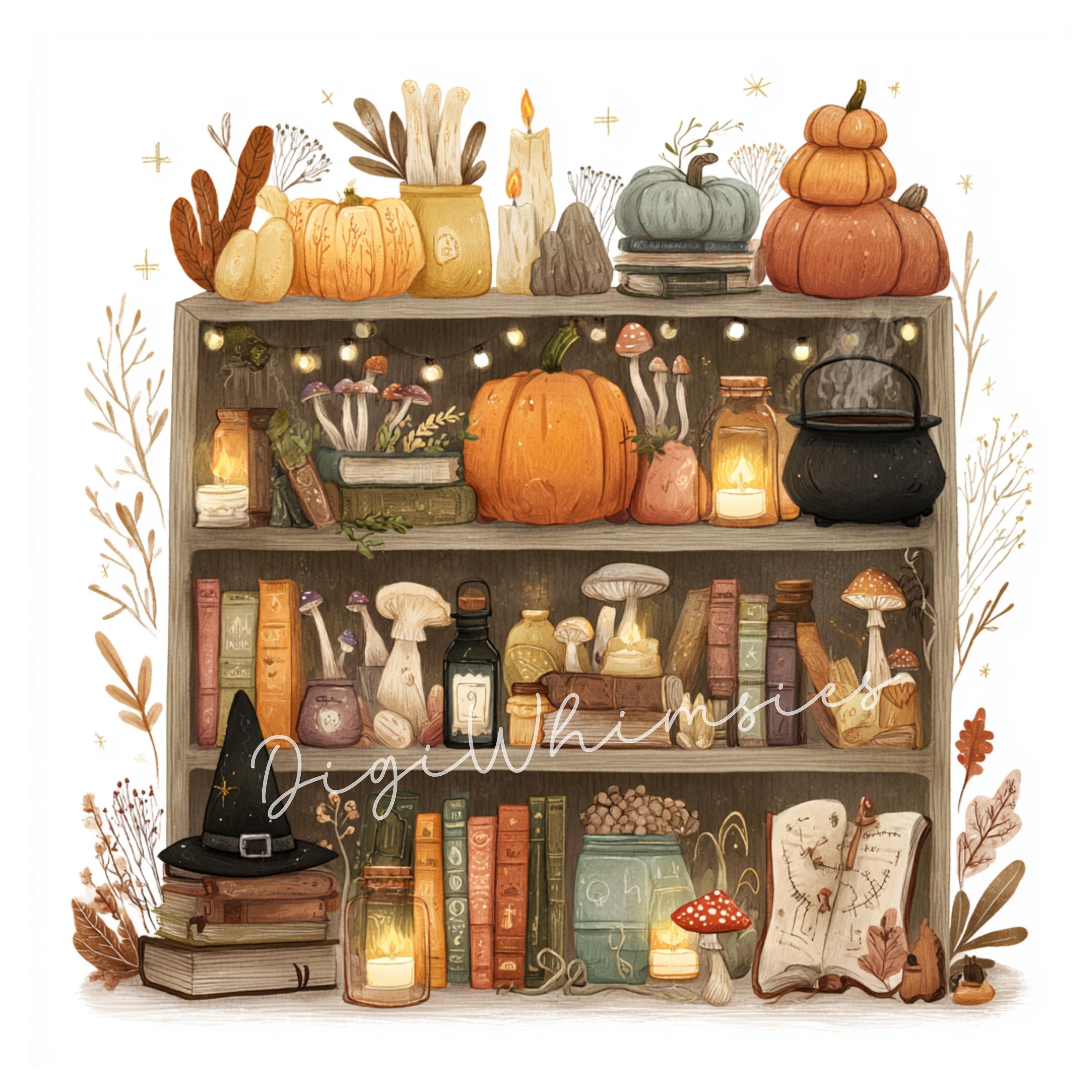 Witchy Bookshelf Clipart: Autumn Halloween Scrapbook Graphics (JPG ...