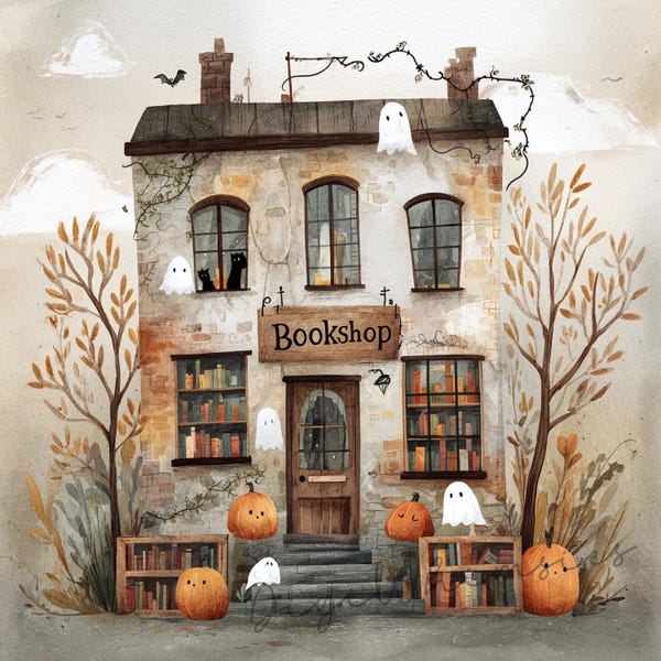 10 Halloween Bookshop Clipart: Watercolor Junk Journal Graphics, Ephemera (Digital Download 12x12" JPGs)