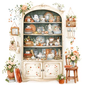 Könnte beinhalten: Aquarellillustration eines weißen Schranks, gefüllt mit Teetassen, Teekannen und Tellern. Der Schrank ist mit floralen Designs verziert und von Blumen, Büchern und einem kleinen Holzstuhl umgeben. Eine charmante, vintage-inspirierte Szene.