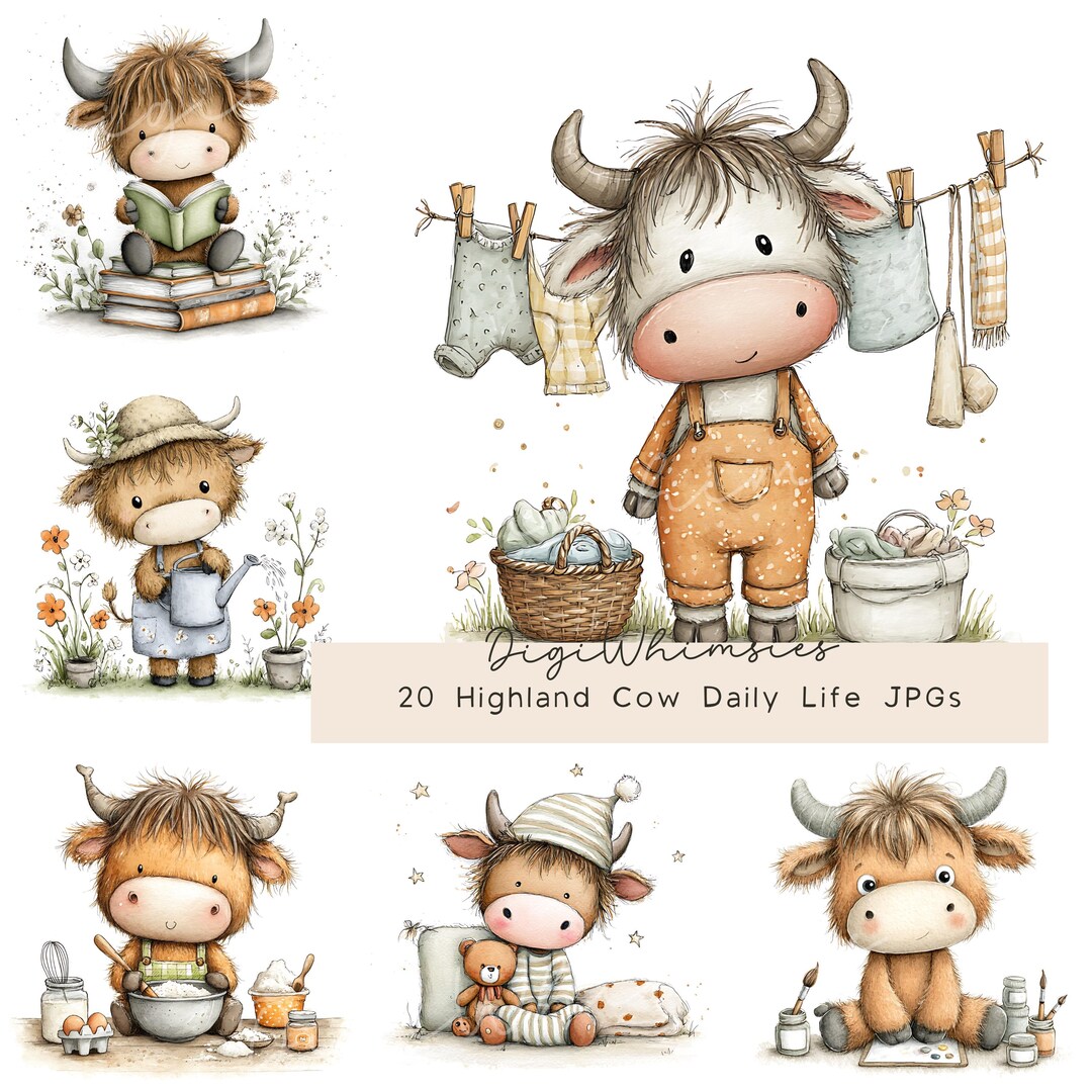 Baby Highland Cow Clipart Set: Watercolor Farmhouse Nursery Animals ...
