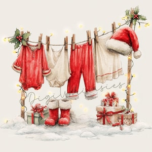 Puede incluir: Ilustración en acuarela de ropa y accesorios navideños colgados en un tendedero. Incluye un pijama rojo, un gorro de Papá Noel y botas rojas. Los regalos están apilados debajo, con nieve y luces de cadena.