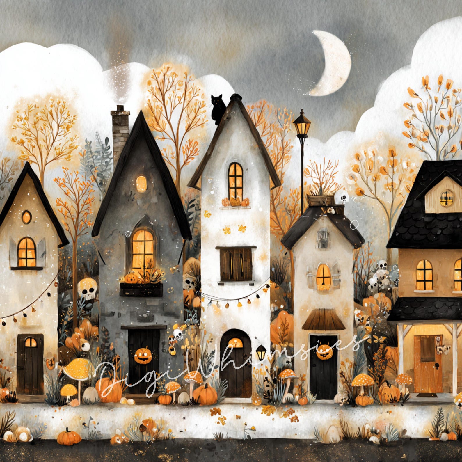 12 Watercolor Halloween Houses Clipart: Spooky Village Illustrations ...