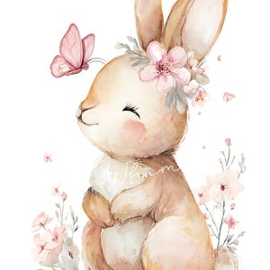 May include: Watercolor illustration of a bunny with a pink butterfly and floral crown. The bunny is light brown with pink accents, surrounded by pink flowers and greenery. The image has a soft, whimsical feel.