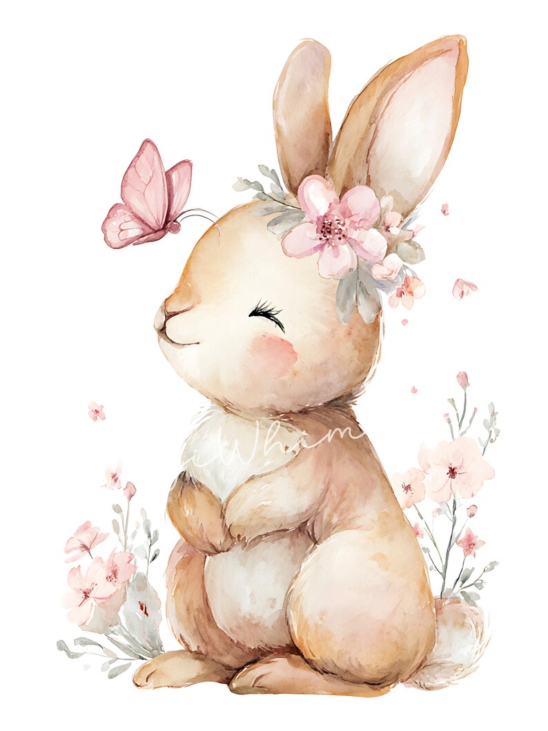 May include: Watercolor illustration of a bunny with a pink butterfly and floral crown. The bunny is light brown with pink accents, surrounded by pink flowers and greenery. The image has a soft, whimsical feel.