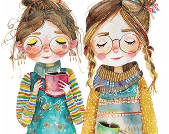Clipart de Hermanas: Mejores Amigas Excéntricas, Café, Scrapbooking (Descarga Digital de 10 JPG)