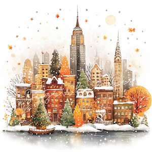 May include: Watercolor painting of a winter cityscape with snow-covered buildings, trees, and a river. The Empire State Building and Chrysler Building are prominent. The artwork features warm colors and falling snowflakes, evoking a festive atmosphere.