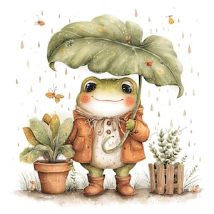 May include: A watercolor illustration of a friendly frog wearing a brown coat and boots, holding a large green leaf as an umbrella. The frog is smiling, with rosy cheeks, and is surrounded by raindrops and butterflies. A potted plant and a small fence are also in the image.