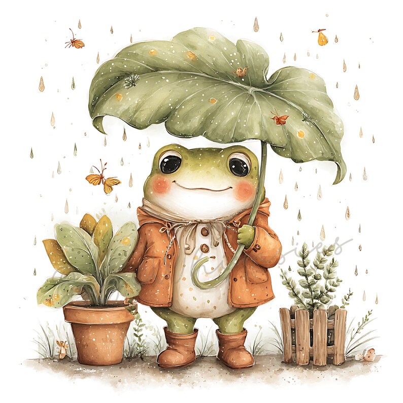 May include: A watercolor illustration of a friendly frog wearing a brown coat and boots, holding a large green leaf as an umbrella. The frog is smiling, with rosy cheeks, and is surrounded by raindrops and butterflies. A potted plant and a small fence are also in the image.