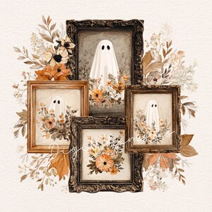 May include: A collection of framed art prints featuring watercolor ghosts surrounded by floral arrangements in shades of orange, brown, and cream. The frames are ornate and antique-looking, with a vintage aesthetic. The overall theme is Halloween.