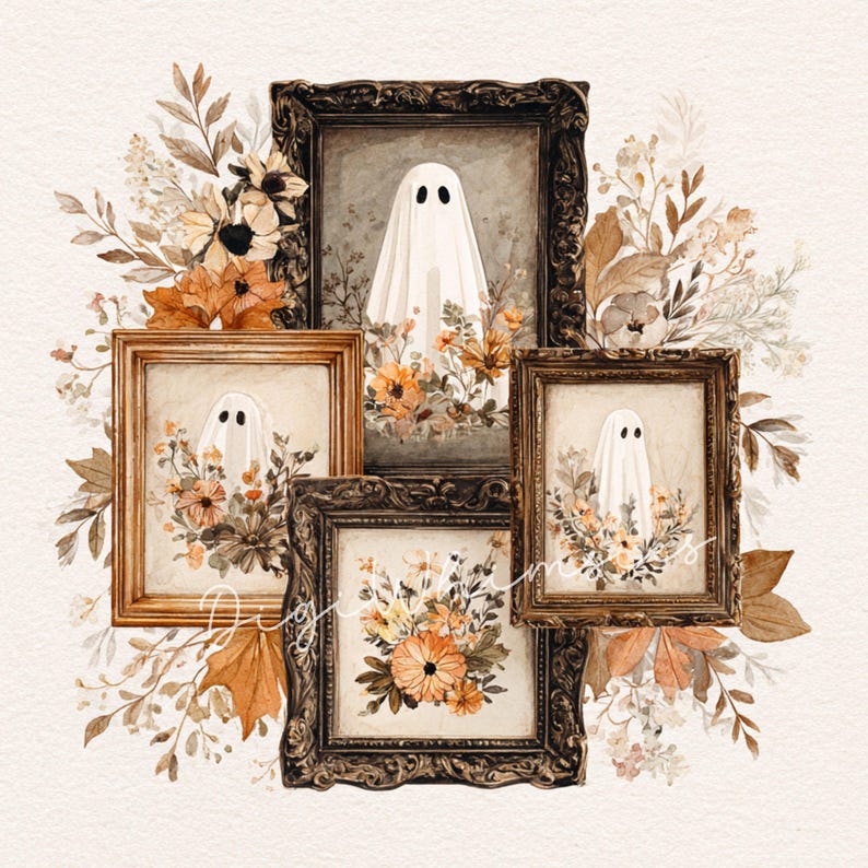 May include: A collection of framed art prints featuring watercolor ghosts surrounded by floral arrangements in shades of orange, brown, and cream. The frames are ornate and antique-looking, with a vintage aesthetic. The overall theme is Halloween.