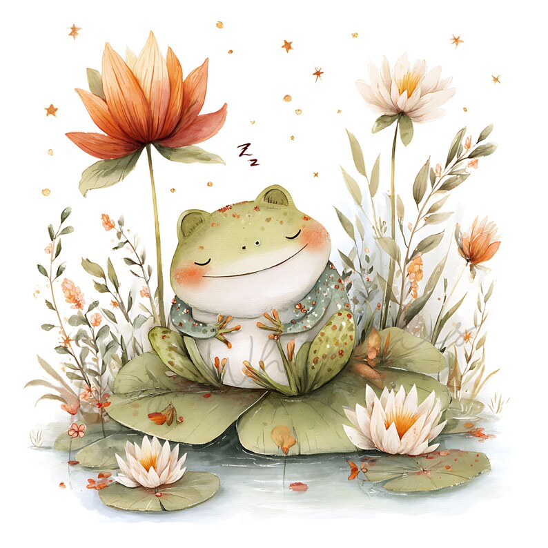 May include: Watercolor illustration of a sleeping frog on a lily pad, surrounded by water lilies and foliage. The frog is light green with a patterned vest and closed eyes. A large orange lotus flower and smaller white flowers are also present.