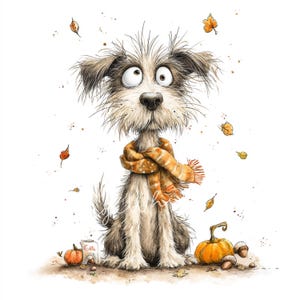 May include: A whimsical illustration of a dog wearing an orange scarf, surrounded by falling leaves, pumpkins, and acorns. The dog has a surprised expression. A small container with the word "Chilla" is also present.
