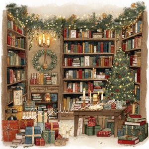May include: Watercolour illustration of a festive library scene. Bookshelves are laden with books, a Christmas tree, and wrapped presents. The room is lit by candles and fairy lights, creating a warm and inviting atmosphere for the holidays.