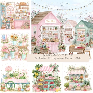 Op de afbeelding: Waterverfillustratie van een pastel cottagecore marktscene met bloemenstalletjes, producten en bakkerijproducten. De afbeelding bevat de tekst "DigitWhimsies" en "24 Pastel Cottagecore Market JPGs".