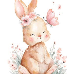 May include: Watercolor illustration of a smiling bunny with a floral crown and a pink butterfly. The bunny is light brown with pink accents, surrounded by pink flowers and green foliage. The word "Whi" is written on the bunny's body.